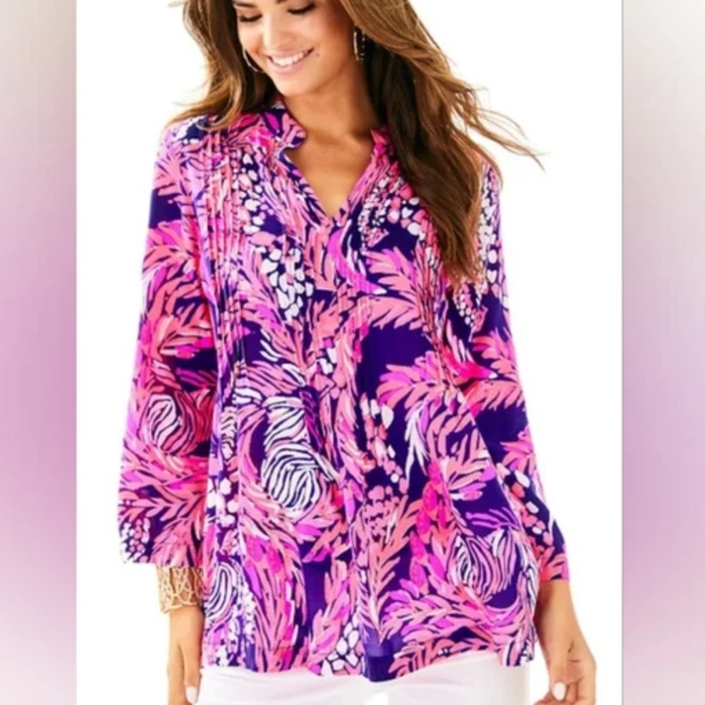 Lilly Pulitzer Sarasota Tunic Top Women’s Small Bright Navy A Jungle In Here